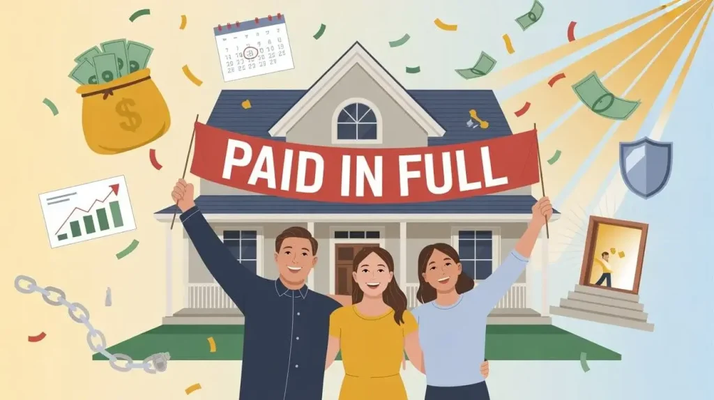 Happy homeowner celebrating paying off their loan early with financial benefits including savings, freedom, and security