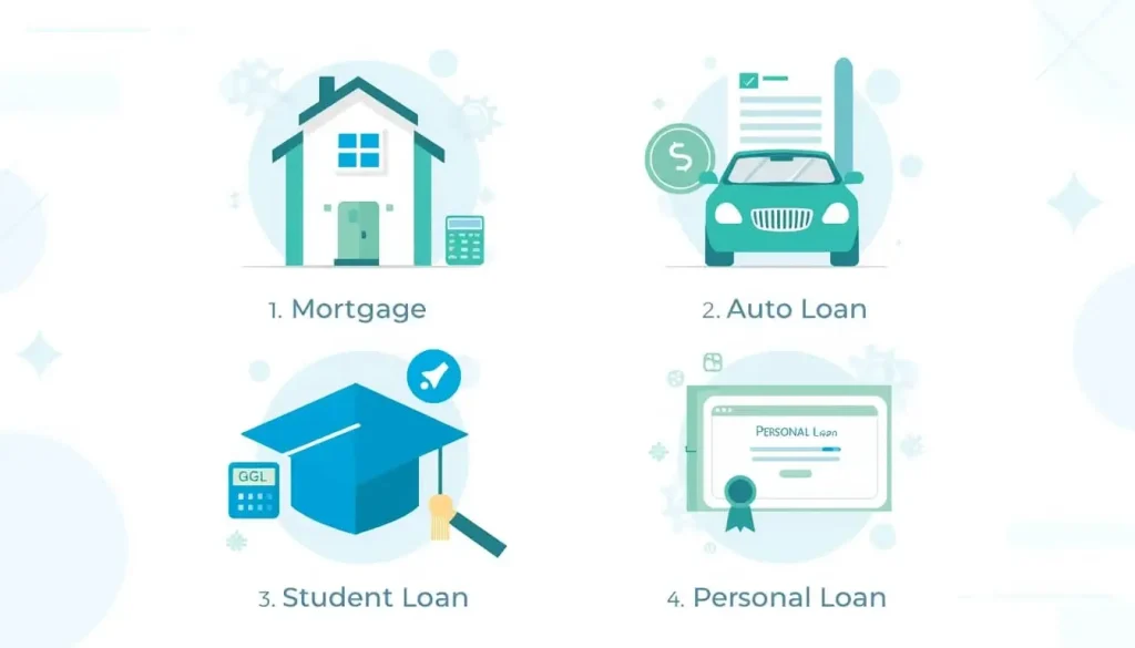 Different types of loans including mortgage, auto loan, student loan, and personal loan that can be calculated with a payoff calculator